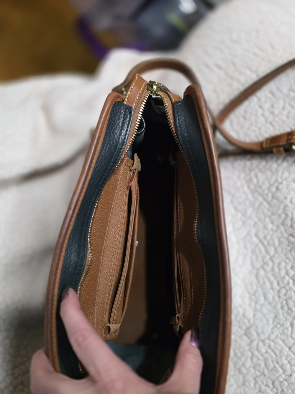 Dooney And Bourke Classic Pebbled Leather Satchel - Navy with Tan Trim